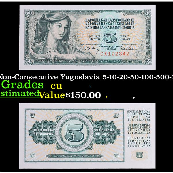 Set of 7 Yugoslavia Non-Consecutive Yugoslavia 5-10-20-50-100-500-100 Dinara Note series Grades CU