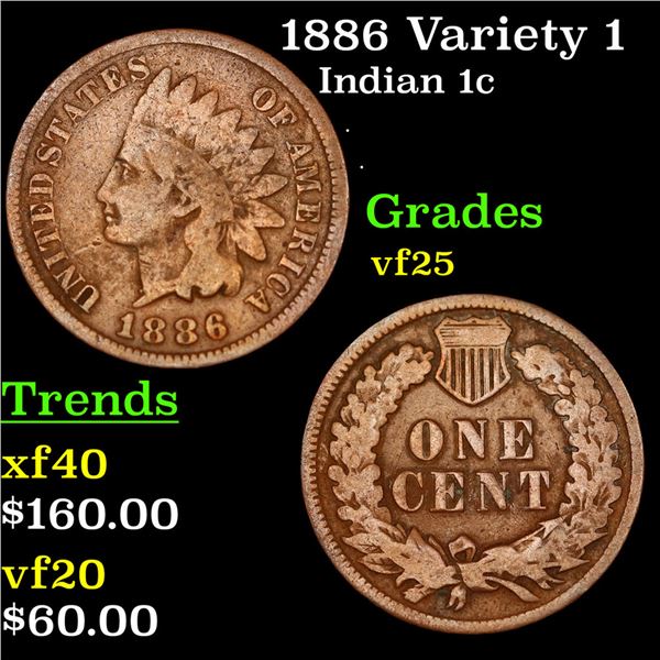 1886 Variety 1 Indian Cent 1c Grades vf+