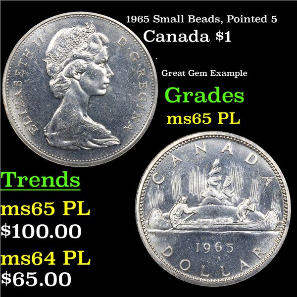 1965 Small Beads, Pointed 5 Canada Dollar $1 Grades GEM Unc PL