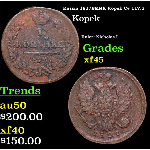 Russia 1827???? Kopek C# 117.3 Grades xf+