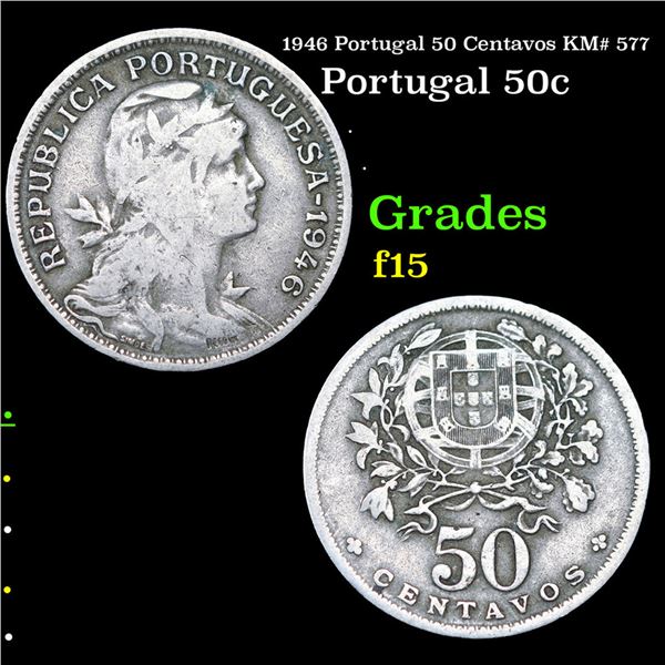 1946 Portugal 50 Centavos KM# 577 Grades f+