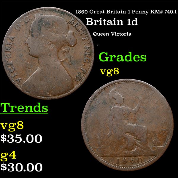 1860 Great Britain 1 Penny KM# 749.1 Grades vg, very good