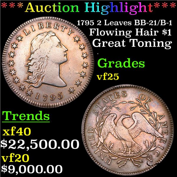 ***Auction Highlight*** 1795 2 Leaves Flowing Hair Dollar $1 BB-21/B-1 Graded vf25 By SEGS (fc)