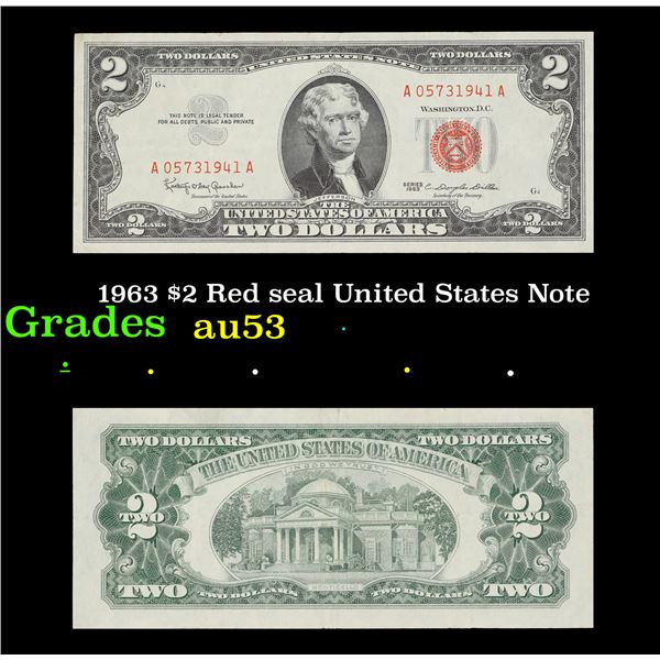 1963 $2 Red seal United States Note Grades Select AU