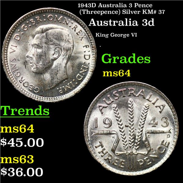 1943D Australia 3 Pence (Threepence) Silver KM# 37 Grades Choice Unc