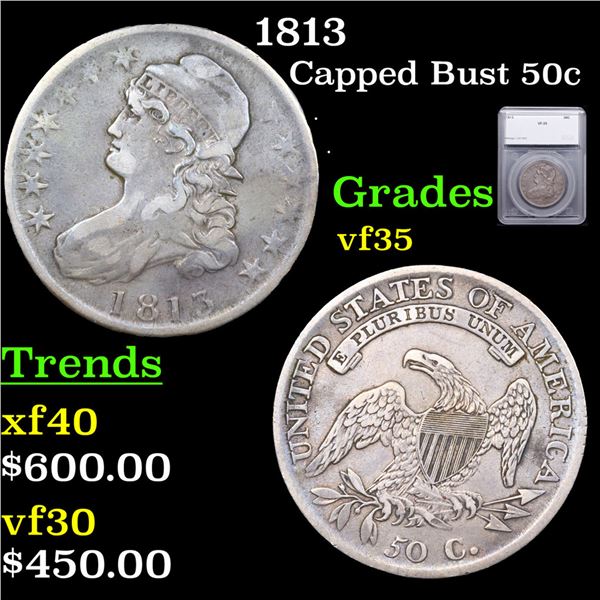 1813 Capped Bust Half Dollar 50c Graded vf35 BY SEGS