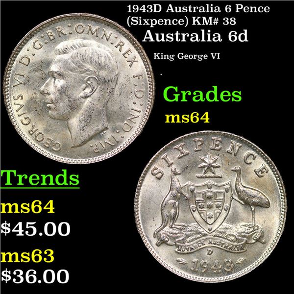 1943D Australia 6 Pence (Sixpence) KM# 38 Grades Choice Unc