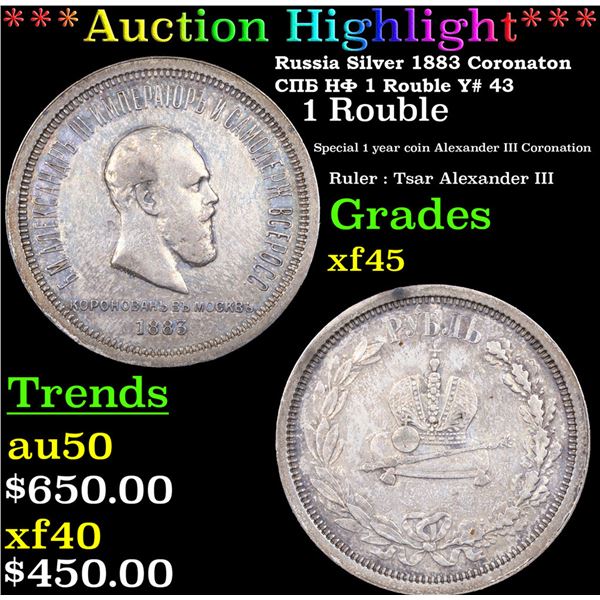 ***Auction Highlight*** Russia Silver 1883 Coronaton ??? ?? 1 Rouble Y# 43 Graded xf45 By SEGS (fc)