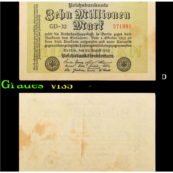 1923 Germany 10 Millionen Mark P# 106D Grades vf++