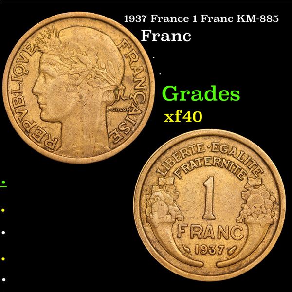 1937 France 1 Franc KM-885 Grades xf
