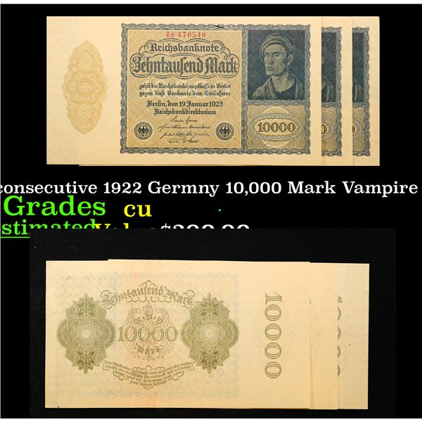 set of 3 consecutive 1922 Germny 10,000 Mark Vampire Note P# 72 Grades CU