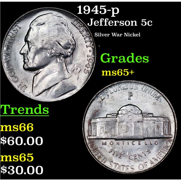 1945-p Jefferson Nickel 5c Grades GEM+ Unc