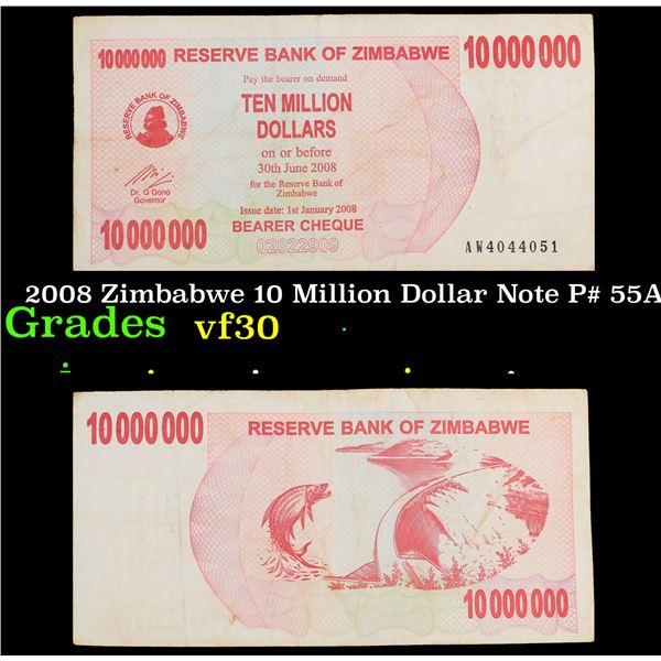 2008 Zimbabwe 10 Million Dollar Note P# 55A Grades vf++