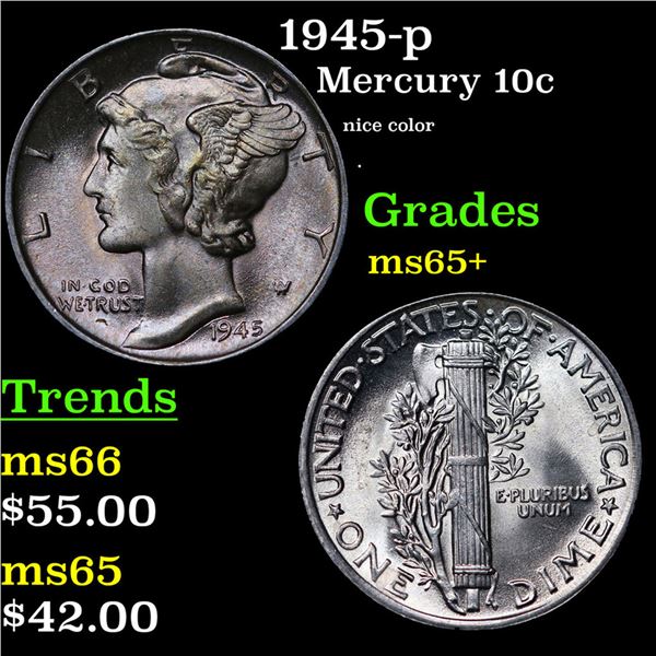 1945-p Mercury Dime 10c Grades GEM+ Unc