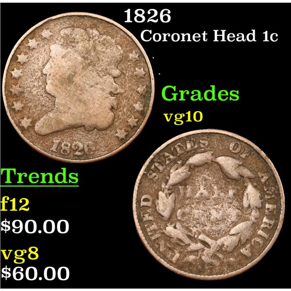 1826 Coronet Head Large Cent 1c Grades vg+