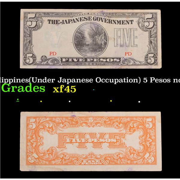 1942 Philippines(Under Japanese Occupation) 5 Pesos note P# 107B Grades xf+