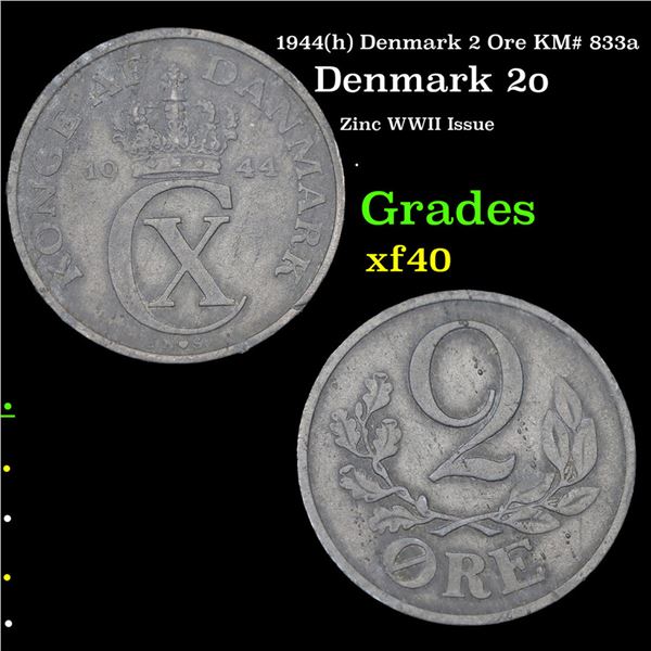 1944(h) Denmark 2 Ore KM# 833a Grades xf