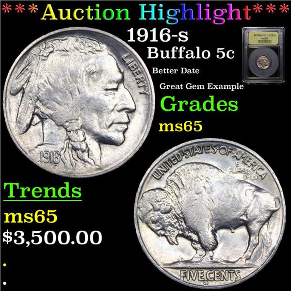 ***Auction Highlight*** 1916-s Buffalo Nickel 5c Graded GEM Unc By USCG (fc)