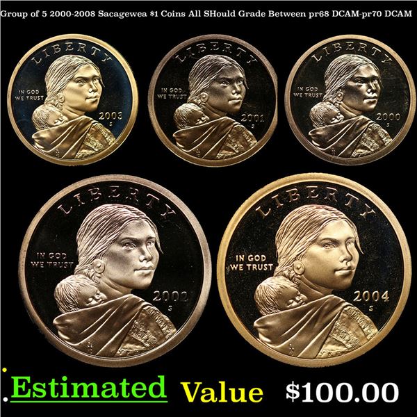 Proof Group of 5 2000-2008 Sacagewea 1 Dollar Coins, Gem++ Grades GEM++ Proof Deep Cameo