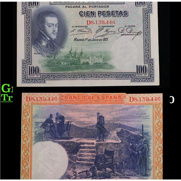 1925 Spain 100 Pesetas Note P# 69C Grades Choice AU