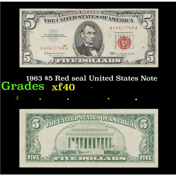 1963 $5 Red seal United States Note Grades xf