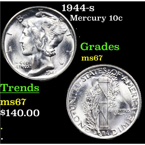 1944-s Mercury Dime 10c Grades GEM++ Unc