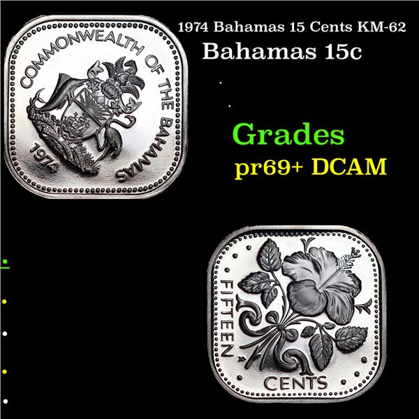 Proof 1974 Bahamas 15 Cents KM-62 Grades GEM++ Proof Deep Cameo