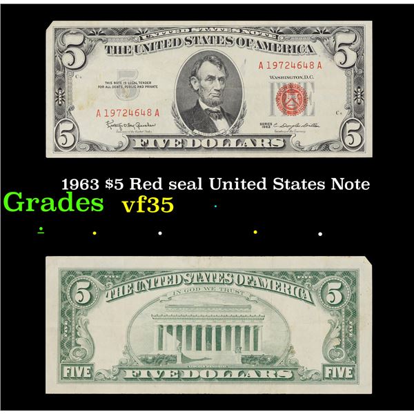 1963 $5 Red seal United States Note Grades vf++