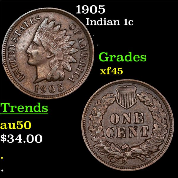 1905 Indian Cent 1c Grades xf+