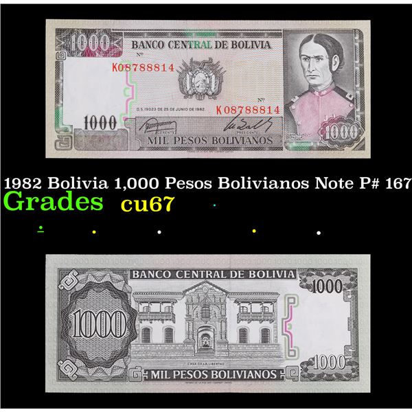 1982 Bolivia 1,000 Pesos Bolivianos Note P# 167A Grades Gem++ CU