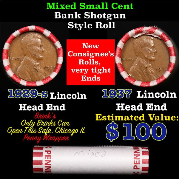 Mixed small cents 1c orig shotgun roll, 1937-p Lincoln Cent, 1929-s Lincoln Cent other end, Brinks W