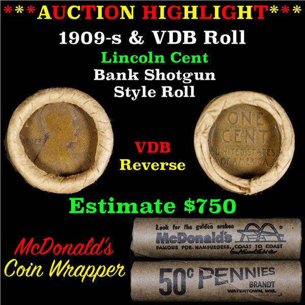 ***Auction Highlight*** Lincoln Wheat cent 1c orig Brandt McDonalds roll, 1909-s end, VDB other end 