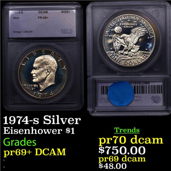 Proof 1974-s Silver Eisenhower Dollar $1 Graded ms69+ dmpl By SEGS