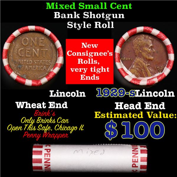 Mixed small cents 1c orig shotgun roll, 1929-s Lincoln Cent, Wheat Cent other end, Brinks Wrapper.