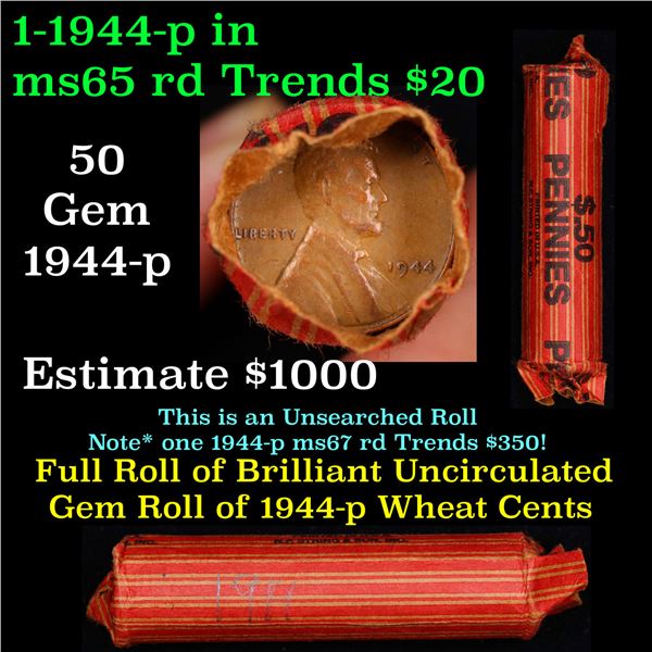 Shotgun Lincoln 1c roll, 1944-p 50 pcs String & Son Wrapper.