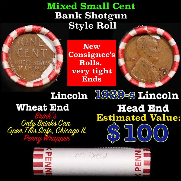 Mixed small cents 1c orig shotgun roll, 1929-s Wheat Cent, Wheat Cent other end, Brinks Wrapper.