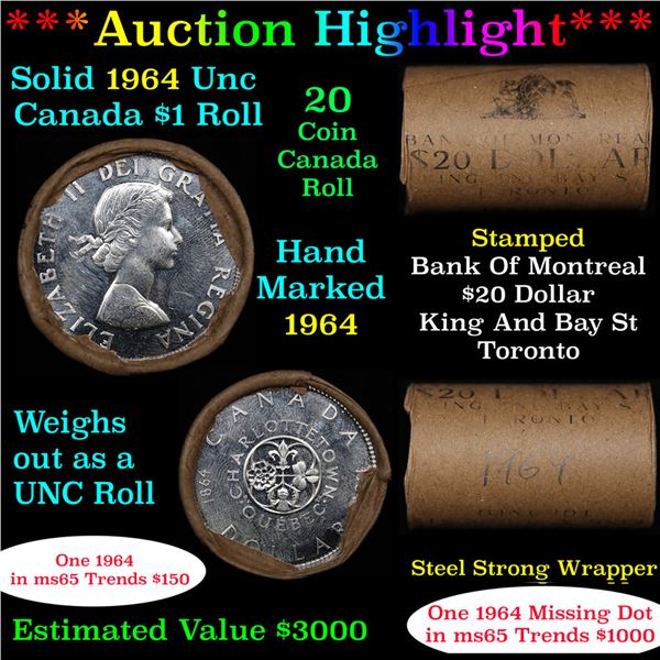 ***Auction Highlight*** Full Roll of Silver 1964 Canadian Dollar with Queen Elizabeth II, 20 Coins i