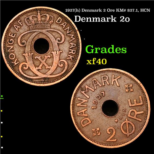 1927(h) Denmark 2 Ore KM# 827.1, HCN Grades xf