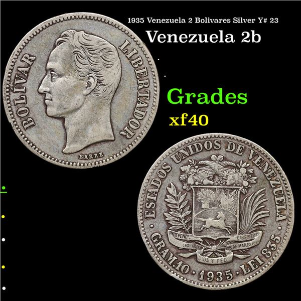 1935 Venezuela 2 Bolivares Silver Y# 23 Grades xf