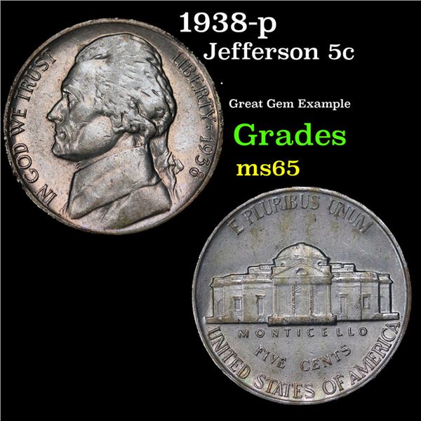 1938-p Jefferson Nickel 5c Grades GEM Unc