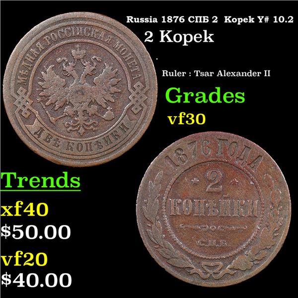 Russia 1876 ??? 2  Kopek Y# 10.2 Grades vf++