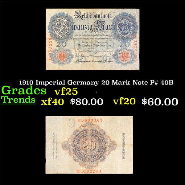 1910 Imperial Germany 20 Mark Note P# 40B Grades vf+