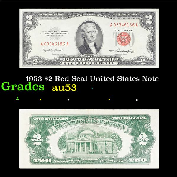 1953 $2 Red Seal United States Note Grades Select AU