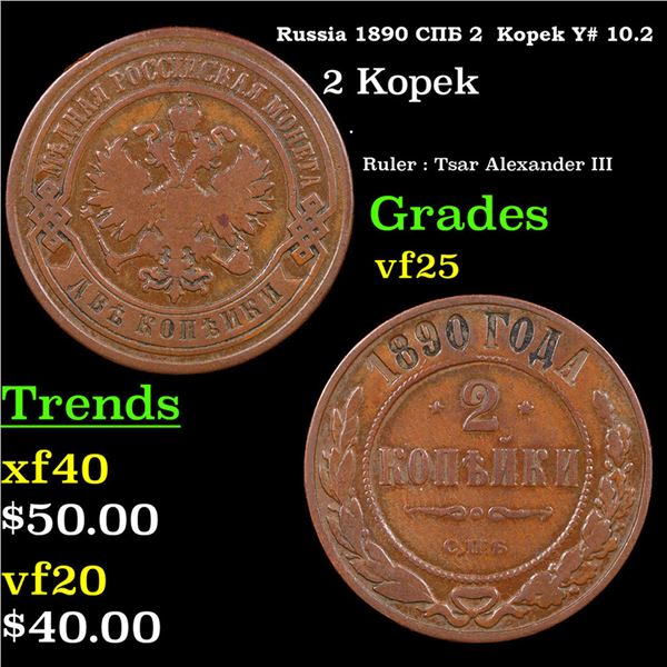 Russia 1890 ??? 2  Kopek Y# 10.2 Grades vf+
