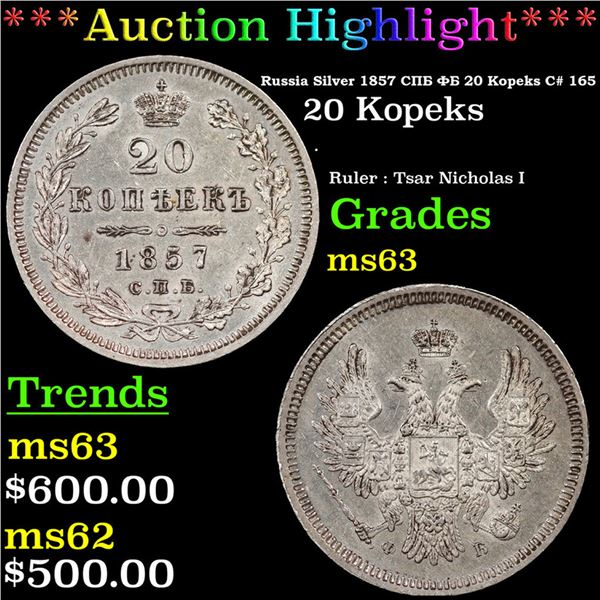 ***Auction Highlight*** Russia Silver 1857 ??? ?? 20 Kopeks C# 165 Grades Select Unc (fc)
