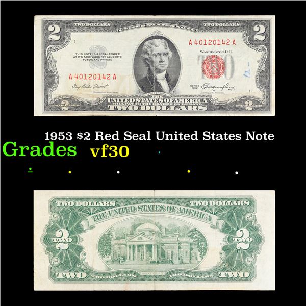 1953 $2 Red Seal United States Note Grades vf++
