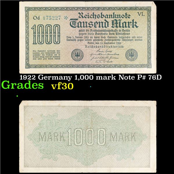 1922 Germany 1,000 mark Note P# 76D Grades vf++