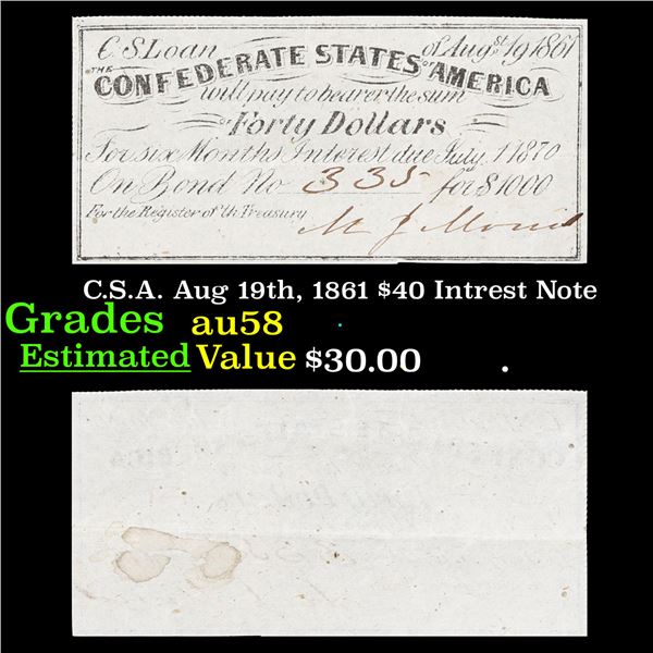 C.S.A. Aug 19th, 1861 $40 Intrest Note Grades Choice AU/BU Slider