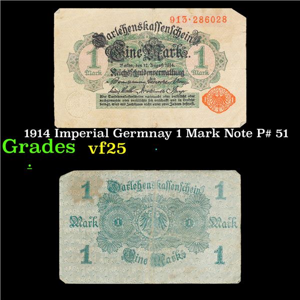 1914 Imperial Germnay 1 Mark Note P# 51 Grades vf+
