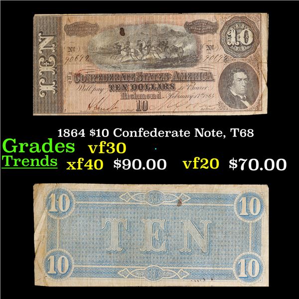 1864 $10 Confederate Note, T68 Grades vf++